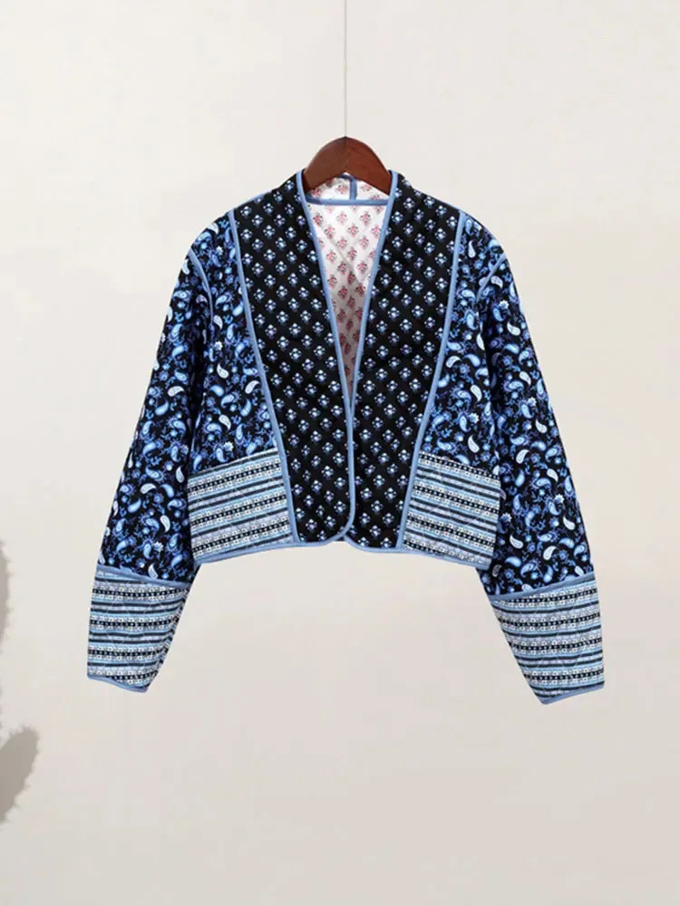 HH Women's Flower Print Coat Quilted Reversible Long Sleeve Open Front 2 In One Jackets Autumn Vintage Streetwear Coat