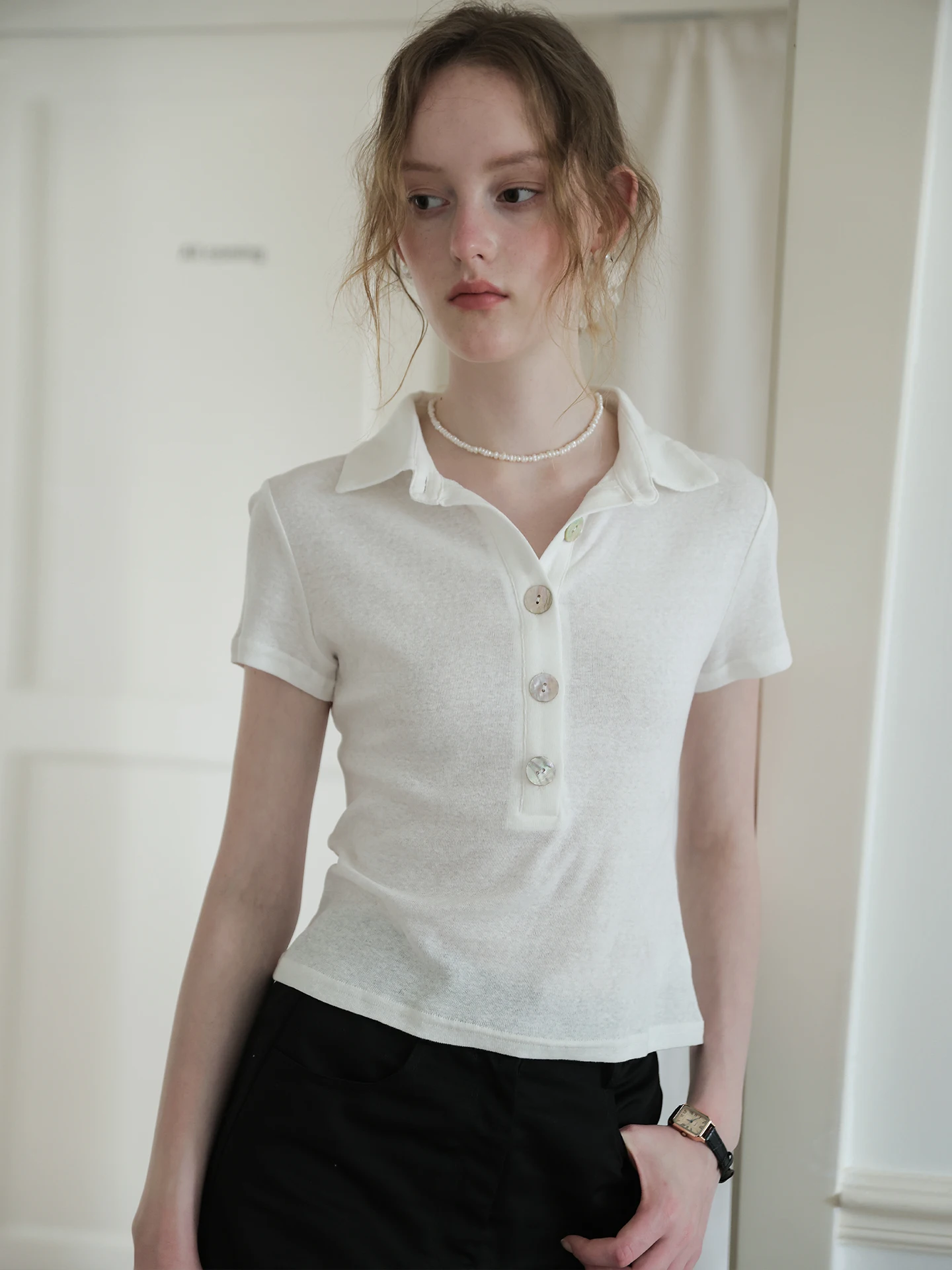 Laid-back Style Snowflake Cotton  Neck Short Sleeve T-shirt Women's Summer Design  Button Versatile Short Top