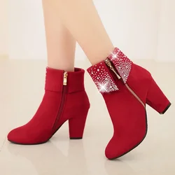 Bottes de rinçage à glissière en cristal pour femmes, talons hauts et épais, bottes courtes pour dames, troupeau de qualité, décontracté, fête de bureau, bleu, rouge, grande taille, hiver