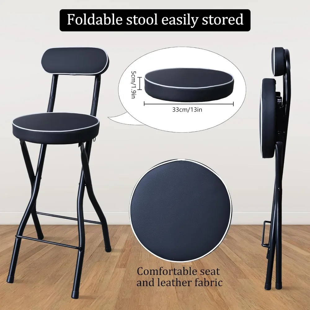 Folding Leather Padded Bar Stool with Backrest, Portable Counter Height Chair for Tall Stools