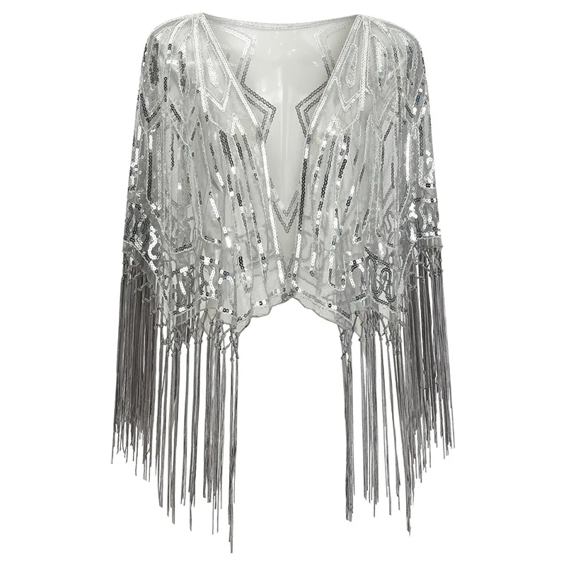 1920S Vintage Kwastje Pailletten Elegante Sjaal Avondjurk Party Diner Hollow Out Lace Jurk Sjaal Great Gatsby Cape