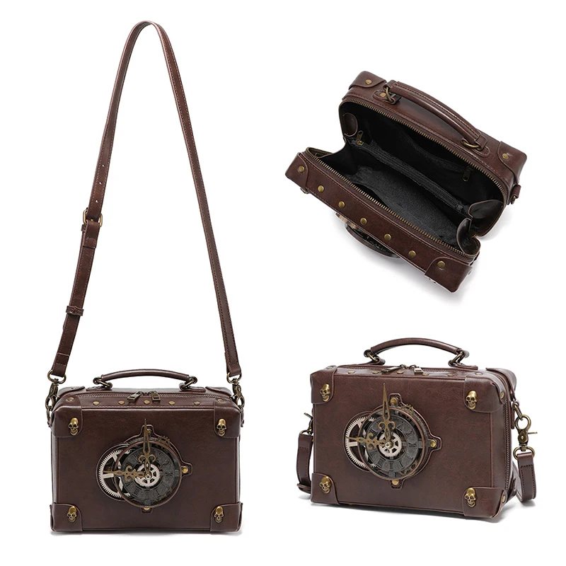 Man Crossbody Bag Woman Satchel Steampunk Briefcase Leather Shoulder Casual  Tote Handbag Clock Vintage Square Side Phone Bag