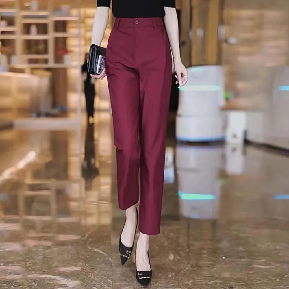 Spring Summer Commuting Pants For Women Simple Solid Color Fashion Casual High Waist Trousers Button Straight Crop Suit Pants