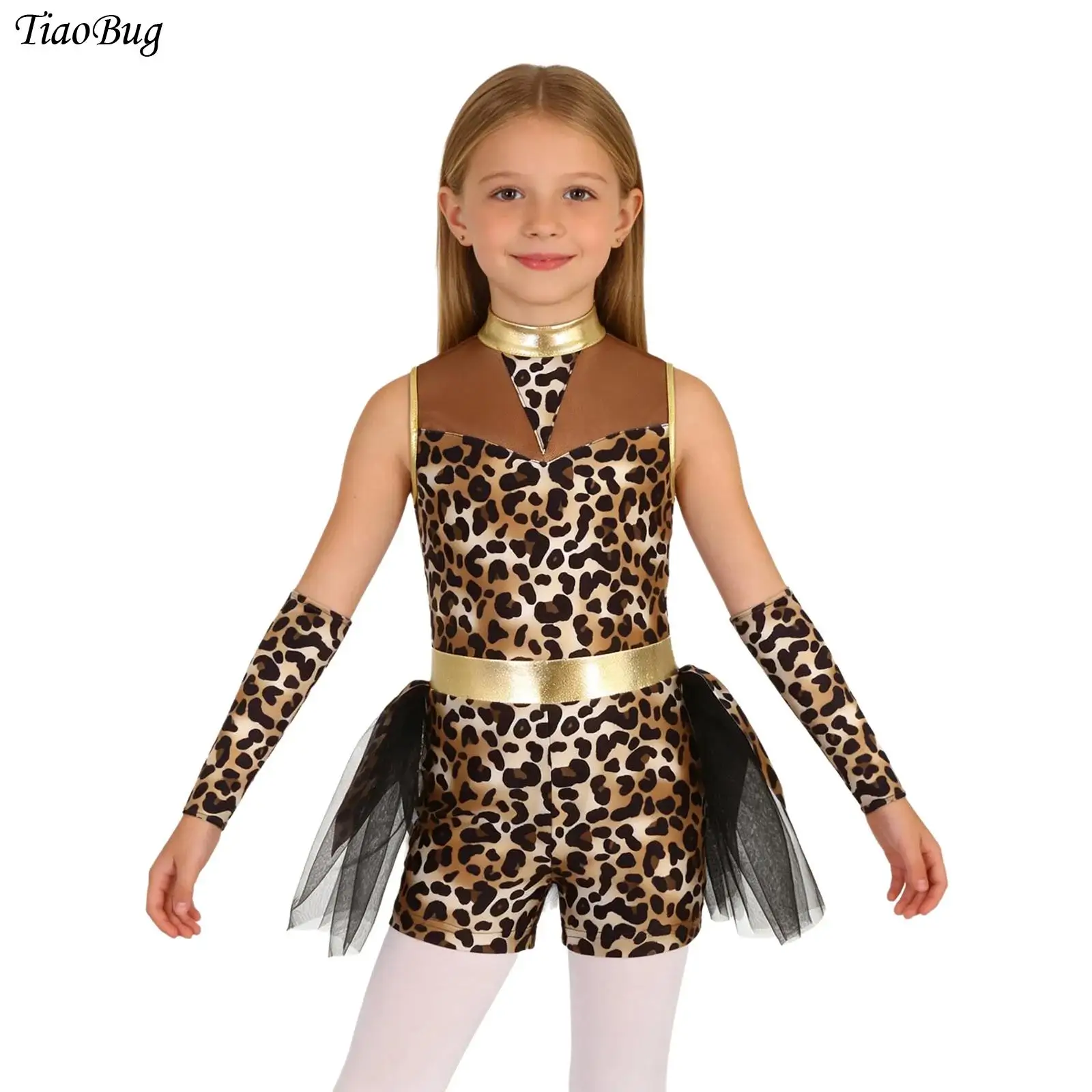 

Girls Prehistoric Cave Stone Halloween Caveman Cosplay Leopard Print Jumpsuit And Gloves Metallic Tutu Skirt Primitive Rompers