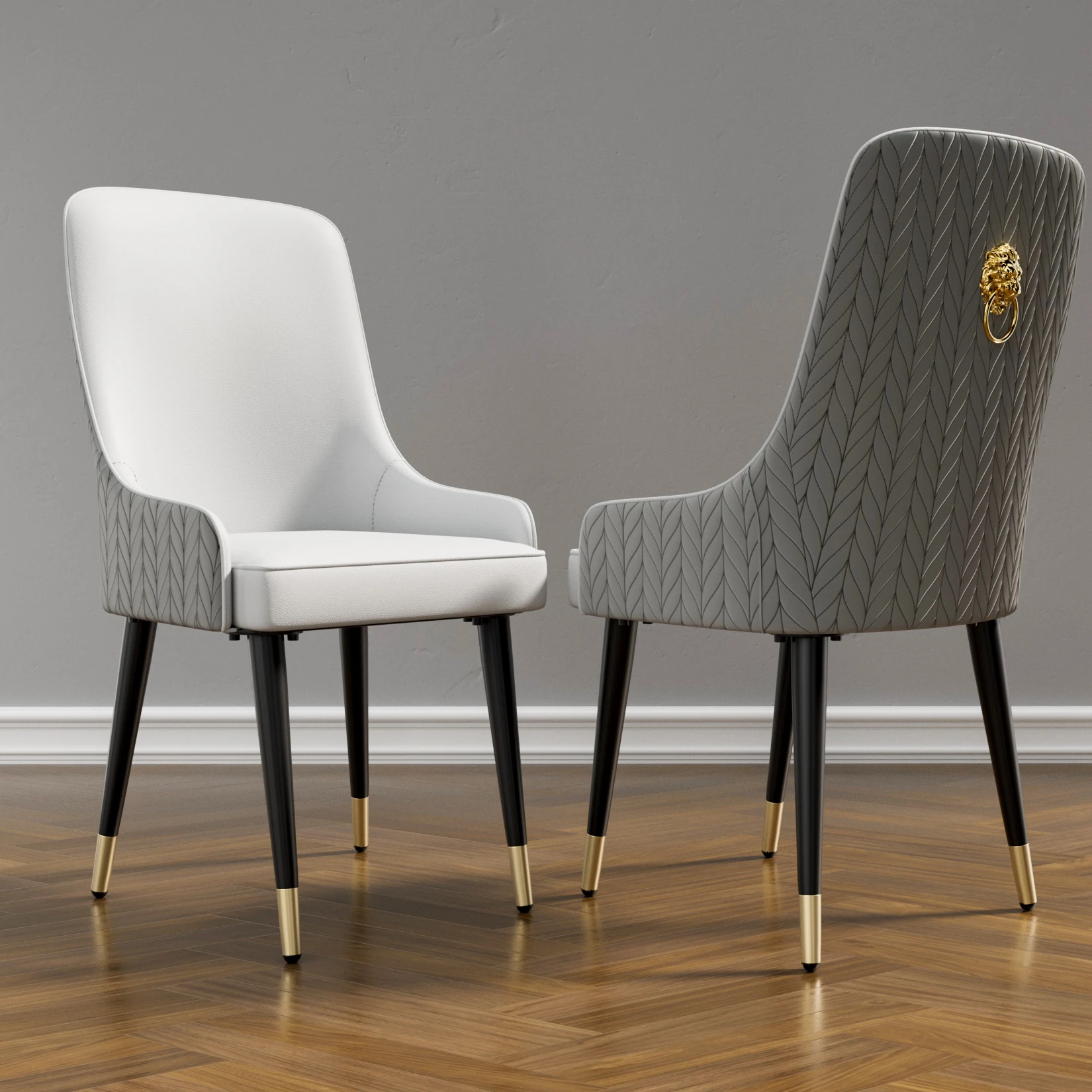 Moderne Pu Lederen Set Van 2 Eetkamerstoelen Met Metalen Poten Hoge Getufte Rug Leeuwenkop Trekring