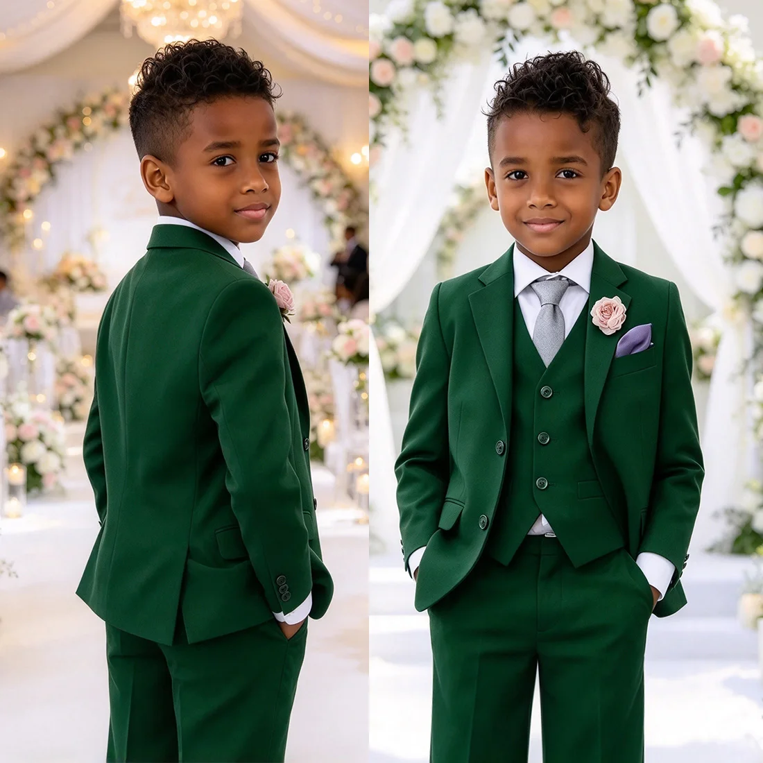Green Boy's Suit Set 3 Pc Jacket Pants Formal Shawl Lapel Kids Tuxedo For Wedding Kids Birthday Party School Performance Wear