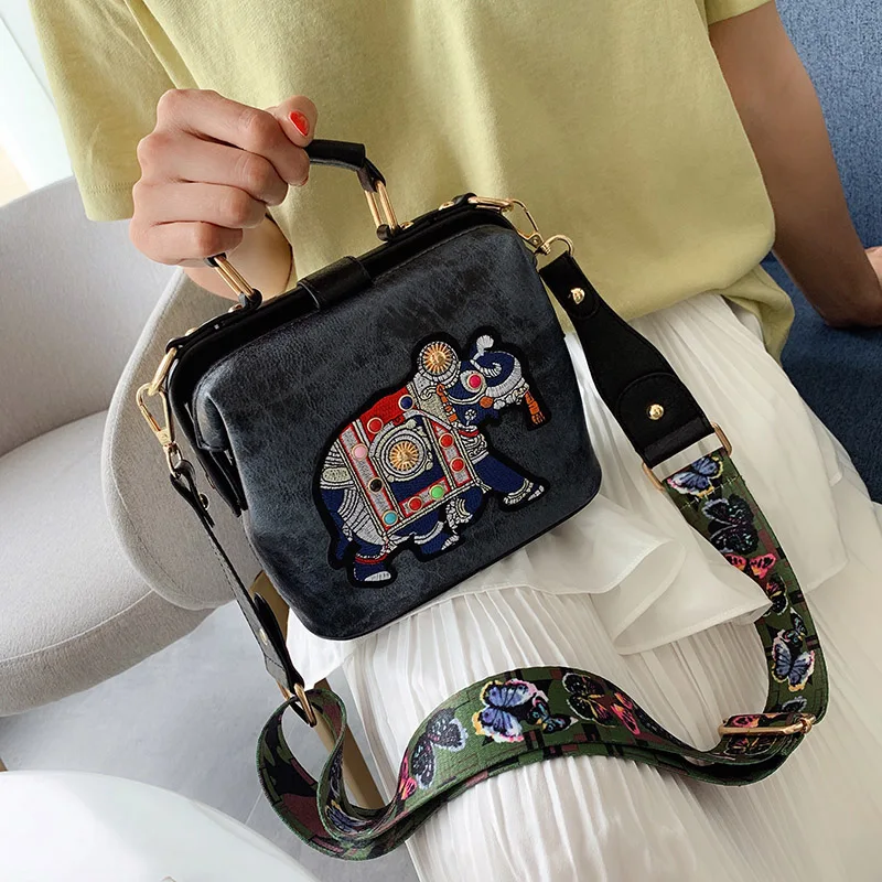 Vintage Embroidery Elephant Bags New Tote Bag Wide Butterfly Strap PU Leather Women Shoulder Crossbody Bags Women Handbags Purse