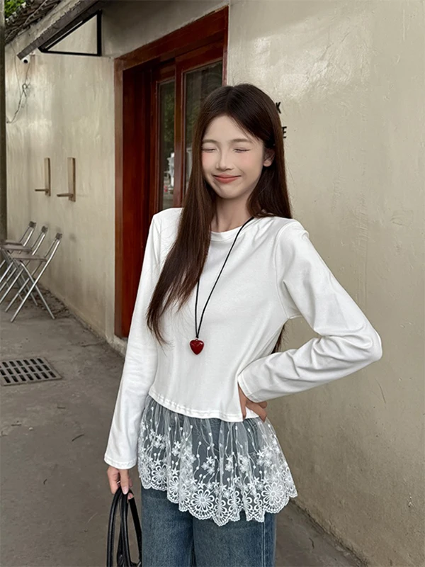 

Faionable Long Sve Lace Hem Base irt Inner Wear Design Korean Sle Commute Wind Women's T-irt Mid-Length round Ne