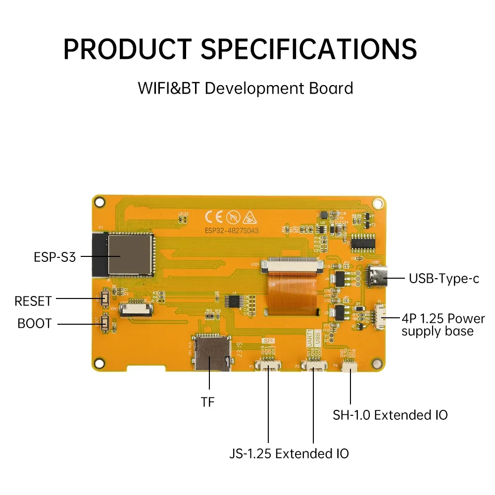 ESP32-S3 wifi bluetooth placa de desenvolvimento 800x480 480x272 4.3 polegadas toque tft display 16mb memória flash tipo c interface ili9485