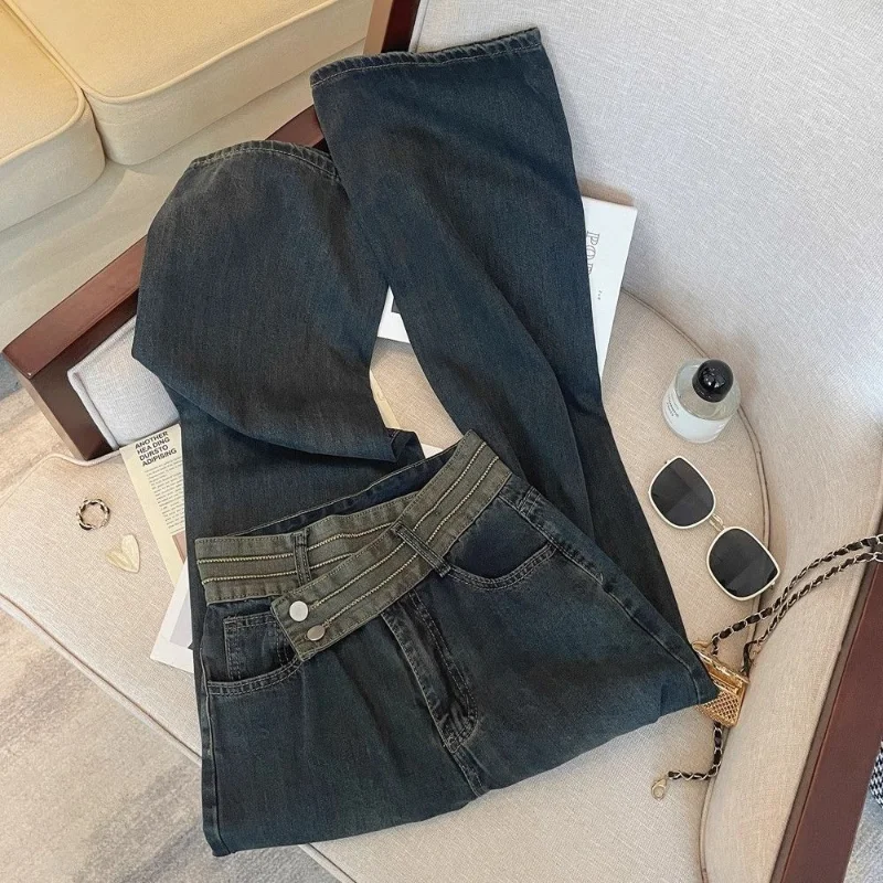 

Retro Design Irregular High-waist Jeans Women in Spring and Autumn New Loose Straight Splicing Wide-leg Pants