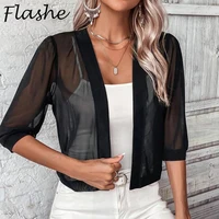 Cárdigan corto elegante para mujer, chaqueta fina de media manga, prendas de vestir informales, Tops blancos y negros, 2024