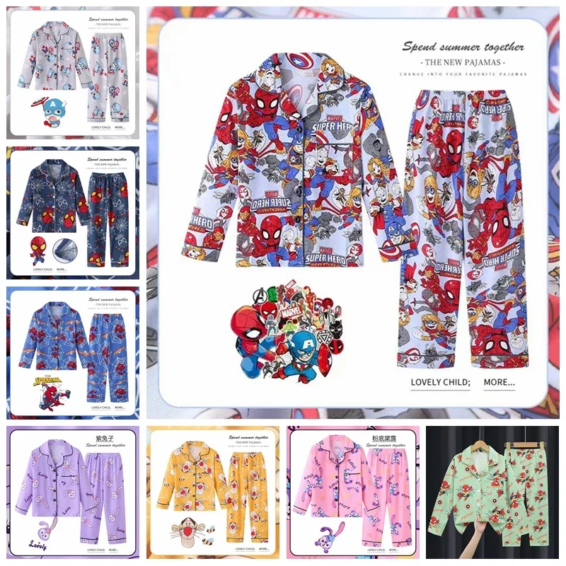 Kid Pajamas Set Cartoon Avenger Spiderman Tiger StellaLou Print Baby Boy Girl Long Sleeve Home Sleepwear Children Nightgown Suit