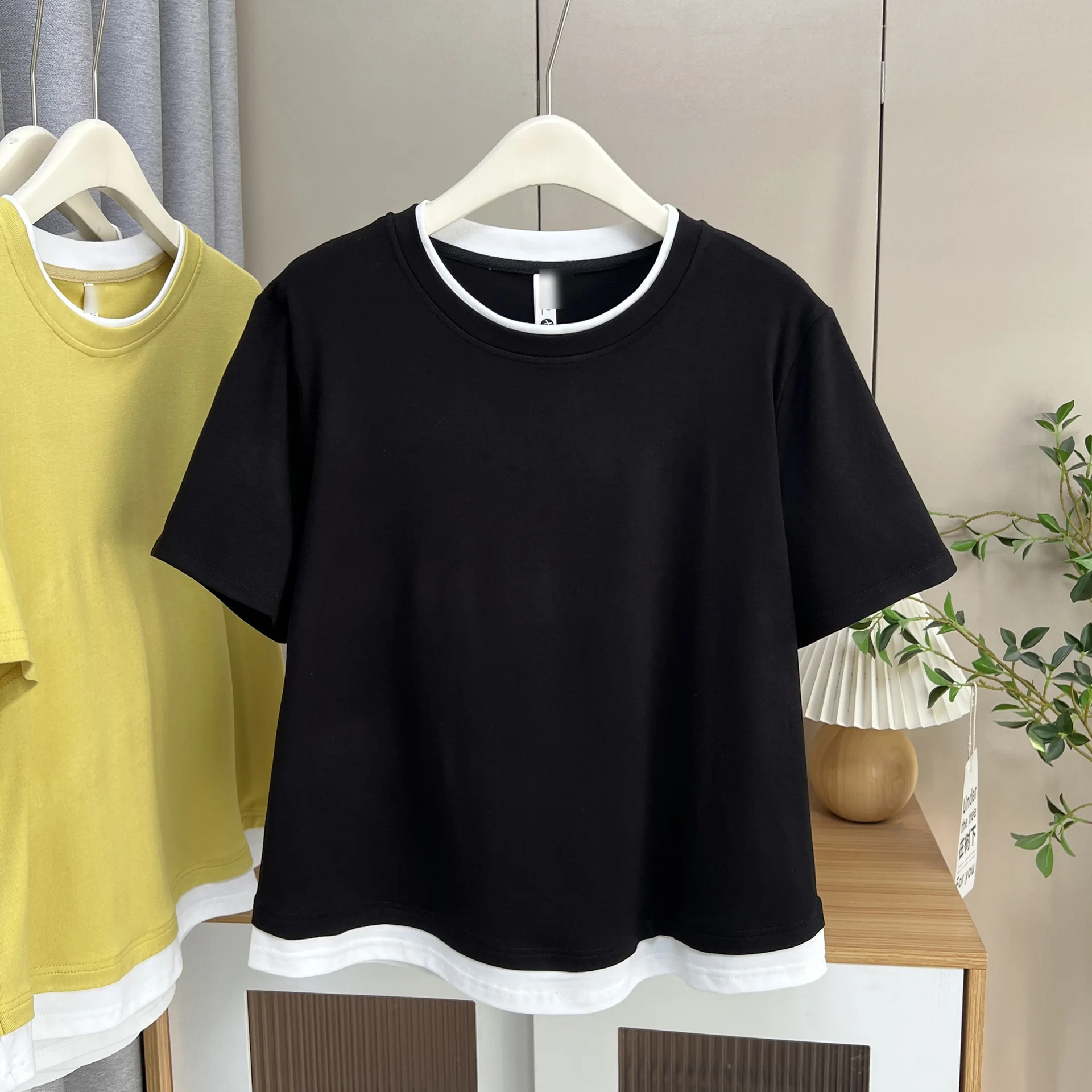 

Summer Top New 100kg Casual Color Contrast Fake Two Pieces Short Sleeve Tees Plus Size Women T-shirt 2236