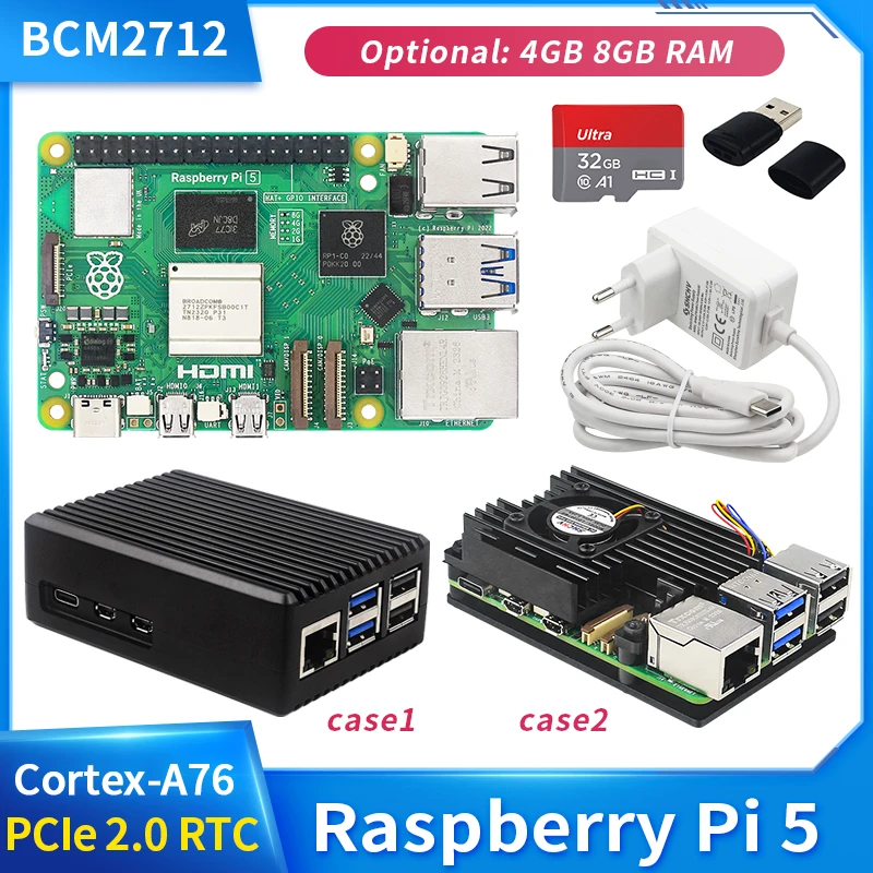 Oryginalny Raspberry Pi 5 4G 8G RAM BCM2712 2.4GHz VideoCore VII GPU 4 kp60 PCIe 2.0 RTC opcjonalny zasilacz wentylator obudowy do Pi5