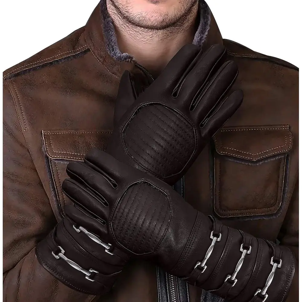 Luvas masculinas de pele de carneiro com punho longo para cosplay – sem forro e ajuste regular