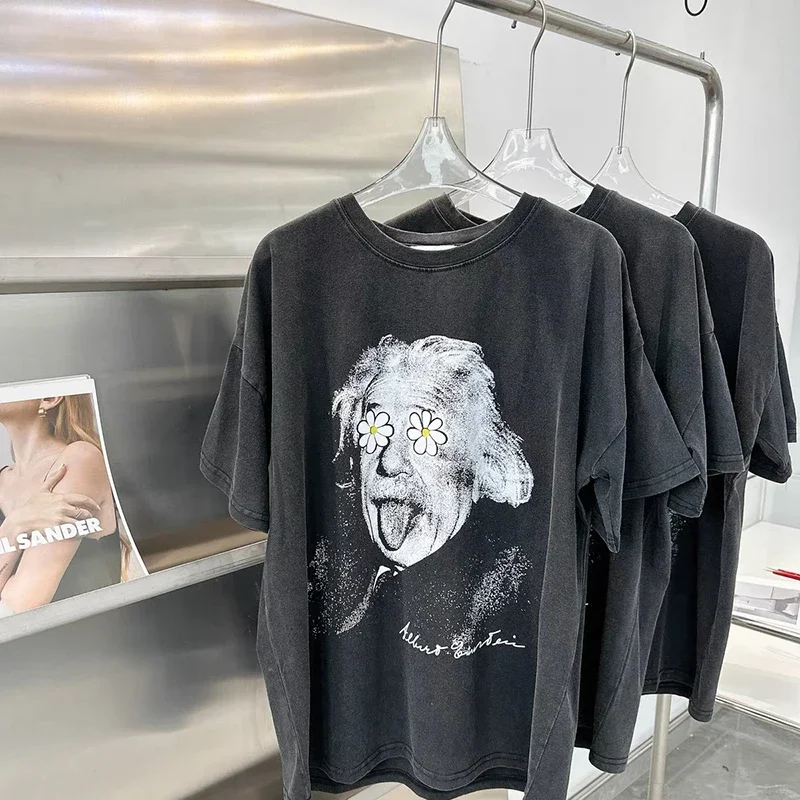 Vintage Sommer Übergroßen T Shirt Oansatz Baumwolle Streetwear Spaß Porträt Druck Männer Frauen 1:1 Hohe Qualität Mode Kurzarm