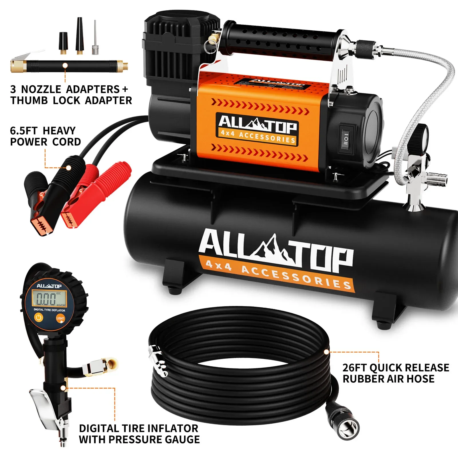 All-top suv 4x4 veículo max 150psi caminhão pneus pesados 12v inflador portátil compressor de ar offroad com kit tanque 6l