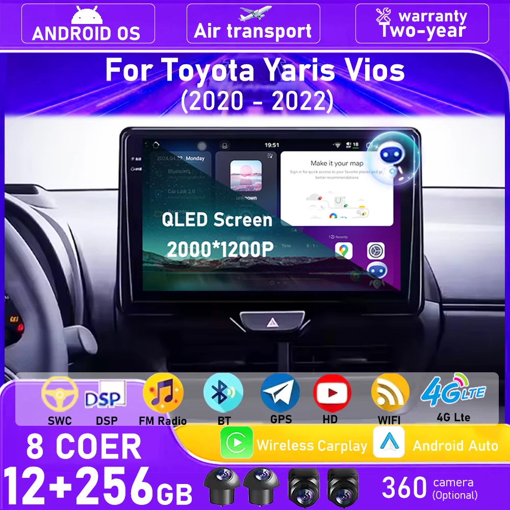 

Car Radio Multimedia Video Player GPS Navigation For Toyota Yaris Vios 2020-2022 Android 16 Auto Carplay Bluetooth 360 Camera