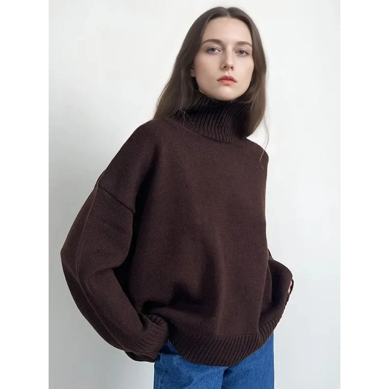 Pull à col roulé marron femmes pulls automne surdimensionné beurre jaune chandails épais col roulé tricot Baggy pull pour dames