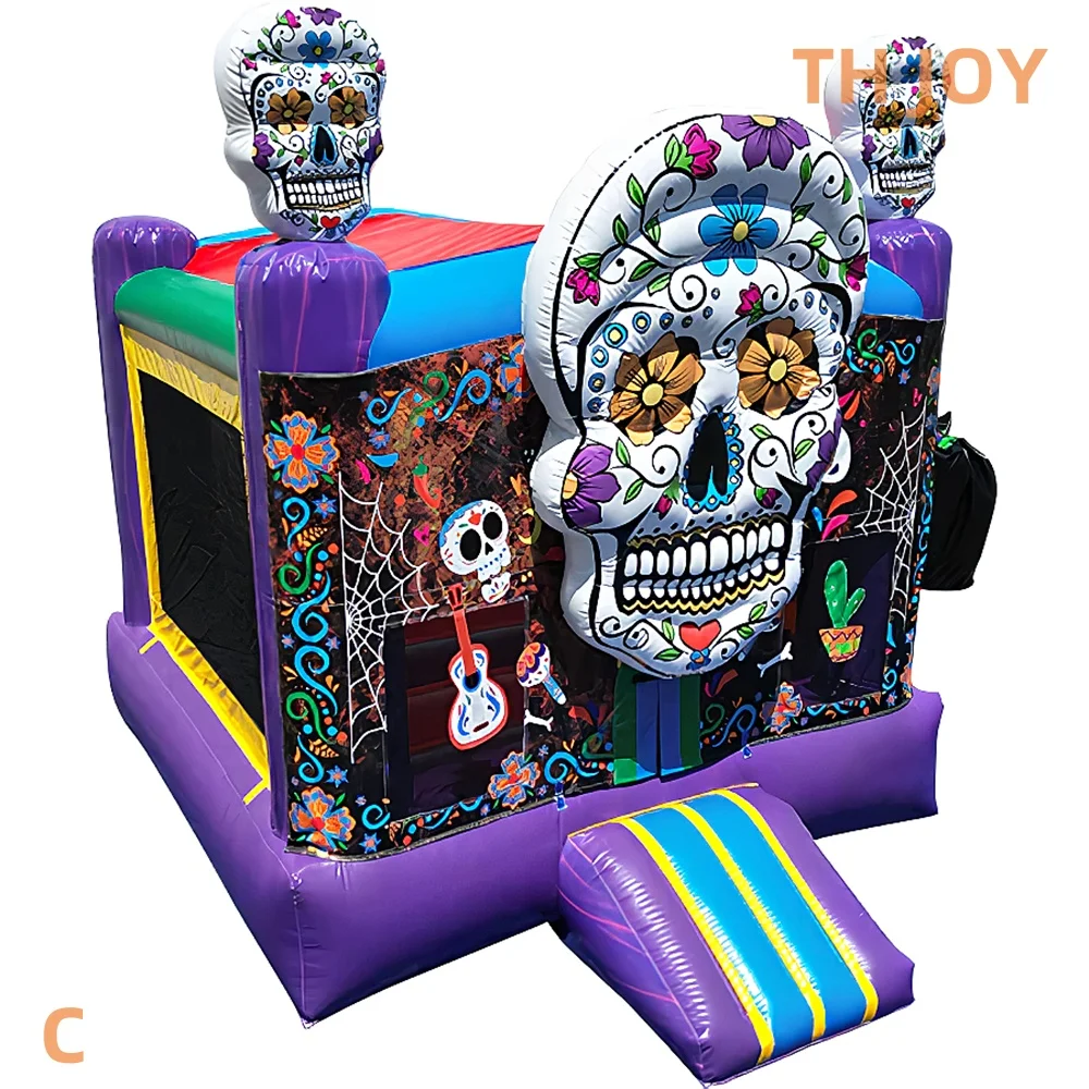 Livraison aérienne rapide à porte, nouvelle maison de rebond gonflable d'halloween 2025, maison de cavalier de tête de crâne personnalisée pour enfants