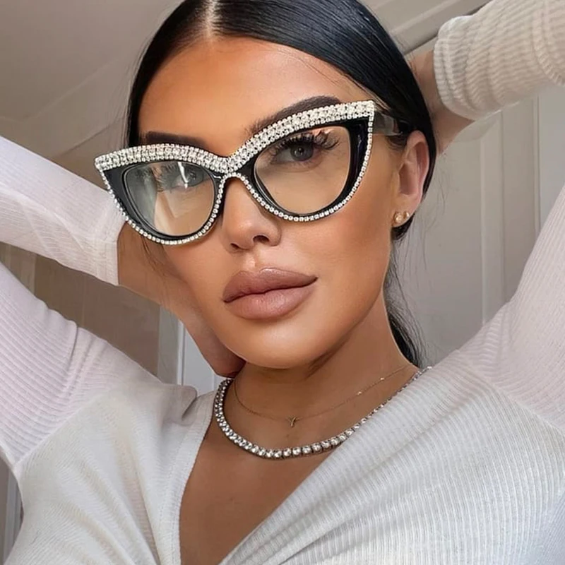 Fashion Luxury Cat Eye Glasses Frame Women Crystal Diamond Clear Lens Eyeglasses Sexy Decorative Eyewear