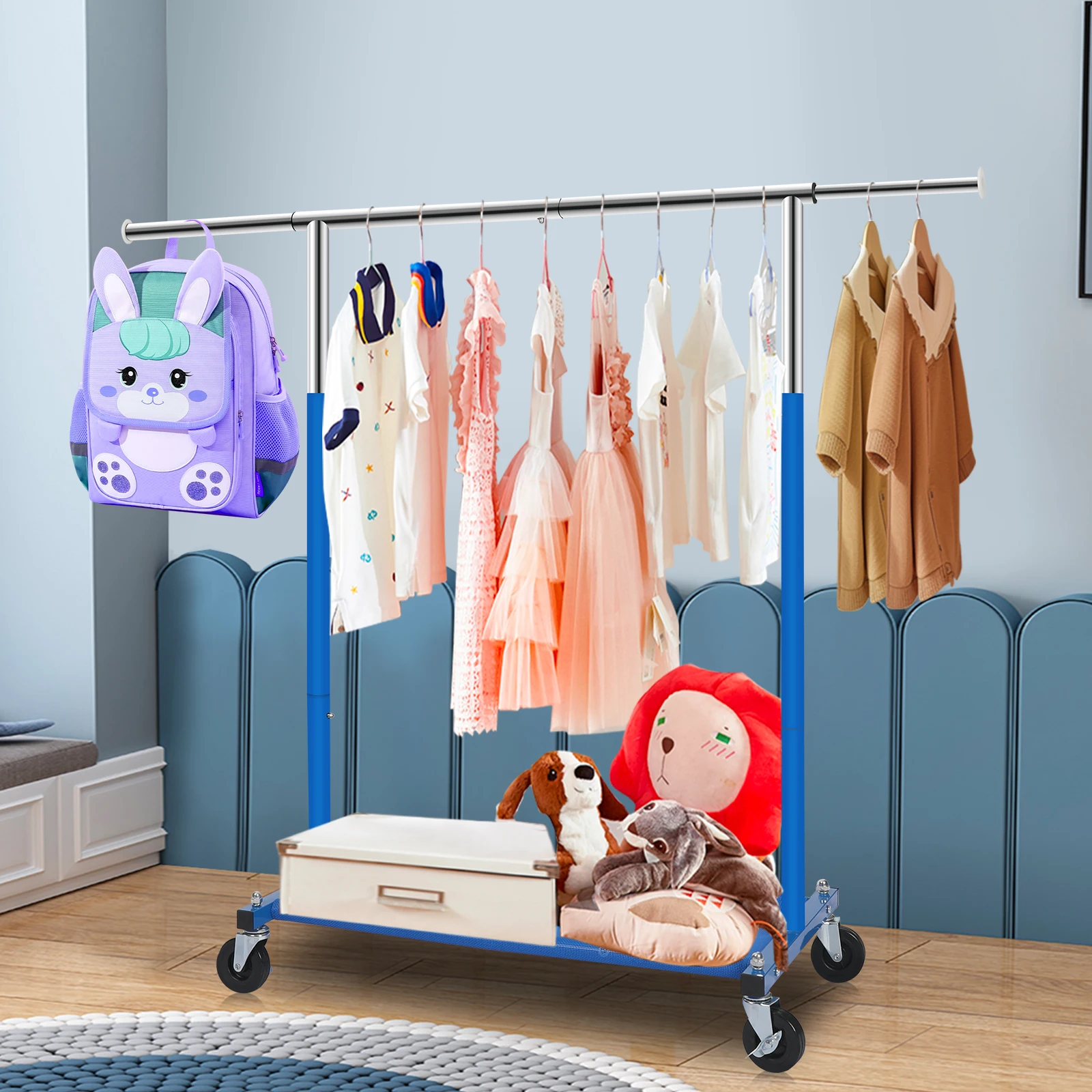 Blue Single Pole Children's Storage Items Simple Drying Rack Independent Easy to Assemble Rolling Belt Net Clothing Rack