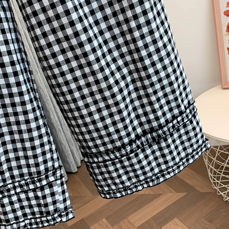 Pantaloni casual a quadretti a vita alta coreani Sle Donna Estate Nuova vita elastica Pantaloni slim dritti a gamba larga Dettaglio in pizzo Pendolarismo...