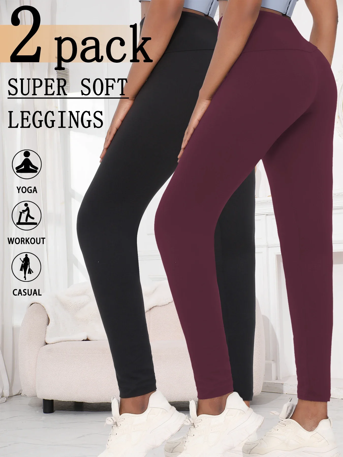 2er-Pack superweiche Damen-Leggings mit hoher Taille, Bauchkontrolle, kein durchsichtiges Workout, Yoga, Laufen, sportlich, Push-Up-Gymnastik-Leggings