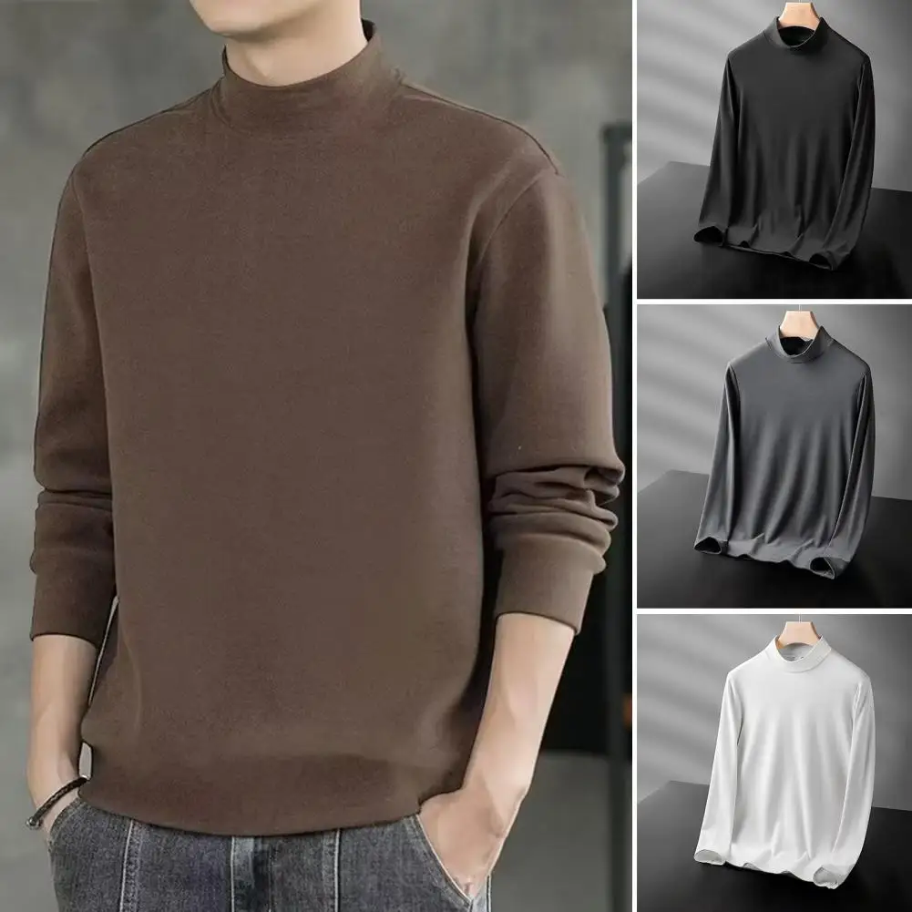 

Long-sleeved Top Stylish Men's Winter Mock Collar Pullover Warm Slim Fit Bottoming T-shirt for Simple Style Thick Elastic Solid