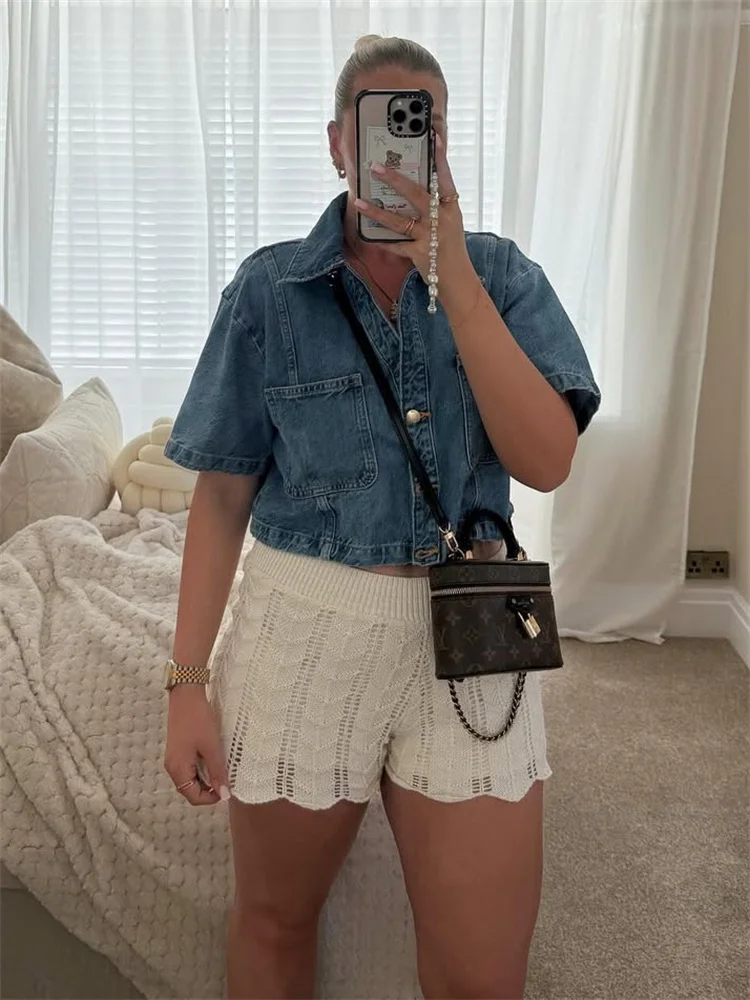 Tossy Fashion Lapel Denim Shirts Tank Top For Women Pocket Patchwork Short Sleeve Jean Streetwear Female Cropped Y2k Top Shirt - Image 4
