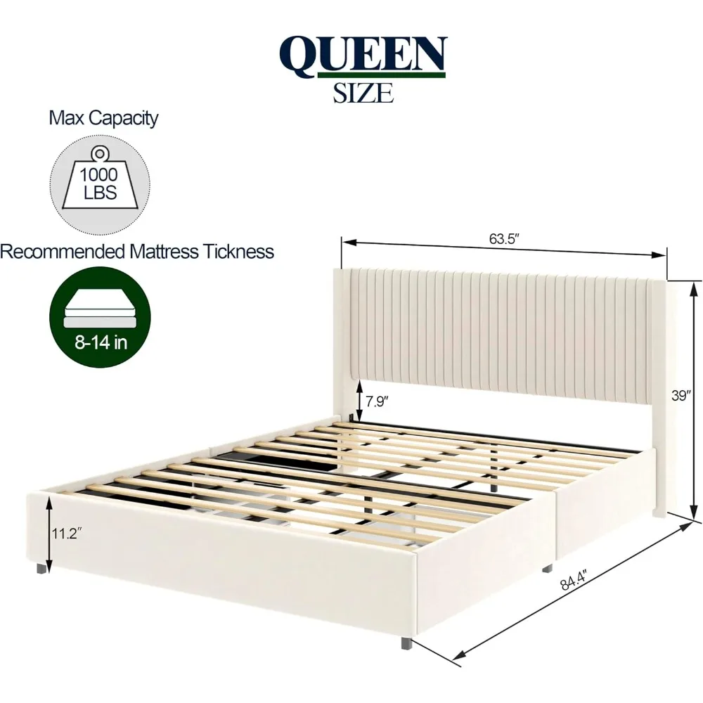 Queen Size Platform Bed with 4 Storage Drawers, Upholstered Velvet Wingback Headboard, Wooden Slat Support, No Box Spring Needed