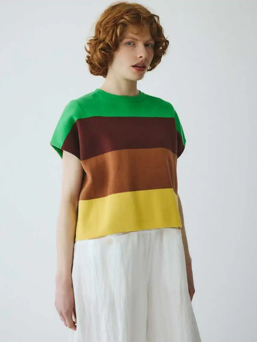 Herin Stripe Color Block Short Sleeve Knitted Top Women's Casual Summer T-Shirt Moisture Wicking round Neck Loose Fit