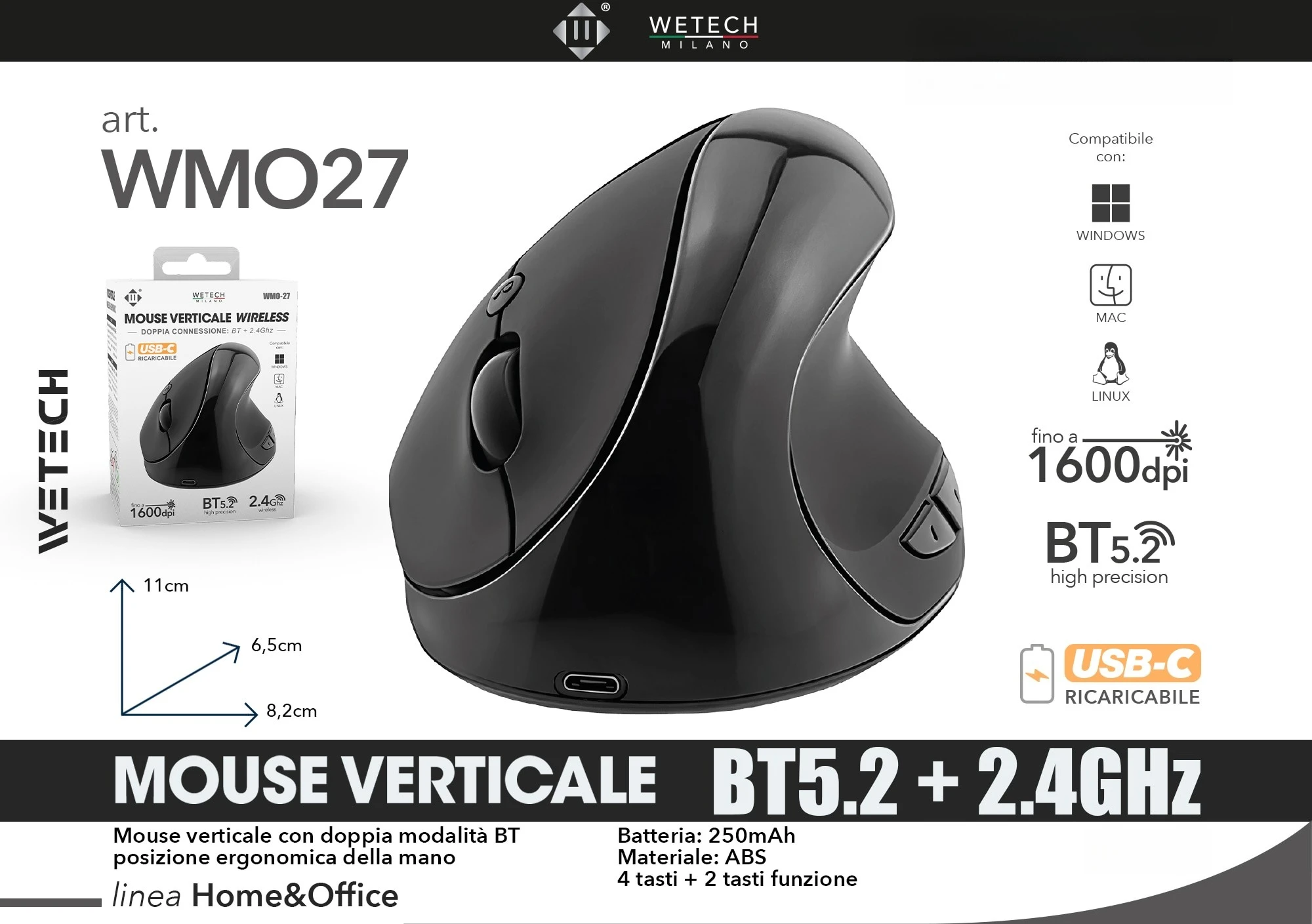 Serie di mouse per computer WETECH, mouse ricaricabili con cavo, wireless 2.4G e Bluetooth, mouse ergonomico verticale per gaming con illuminazione RGB e regolazione multi-DPI, compatibile con