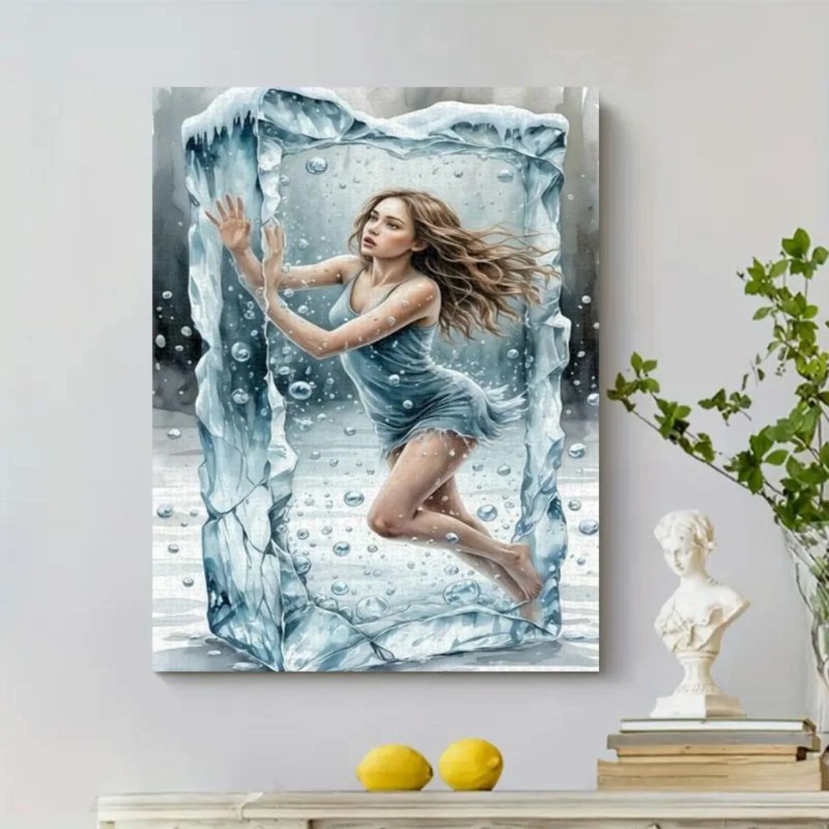 Frozen fantasy world, dynamische figuren, duizendelige puzzel, ontgrendel ijsblauw gecondenseerd licht, aanraakijspatronen, lange stroom