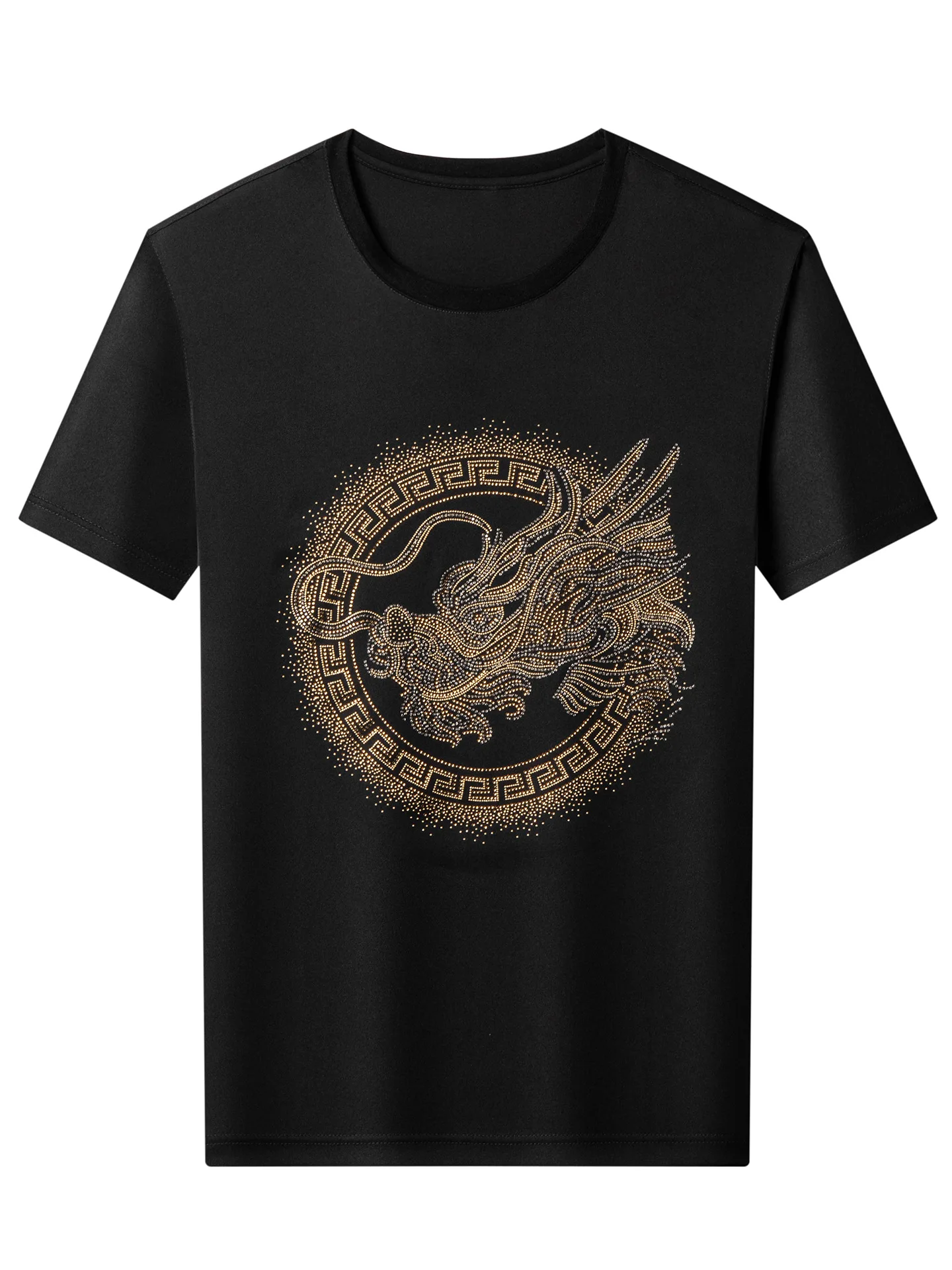100% mulberry silk high-end T-shirt hot diamond round neck short-sleeved light luxury T-shirt men's breathable top thin