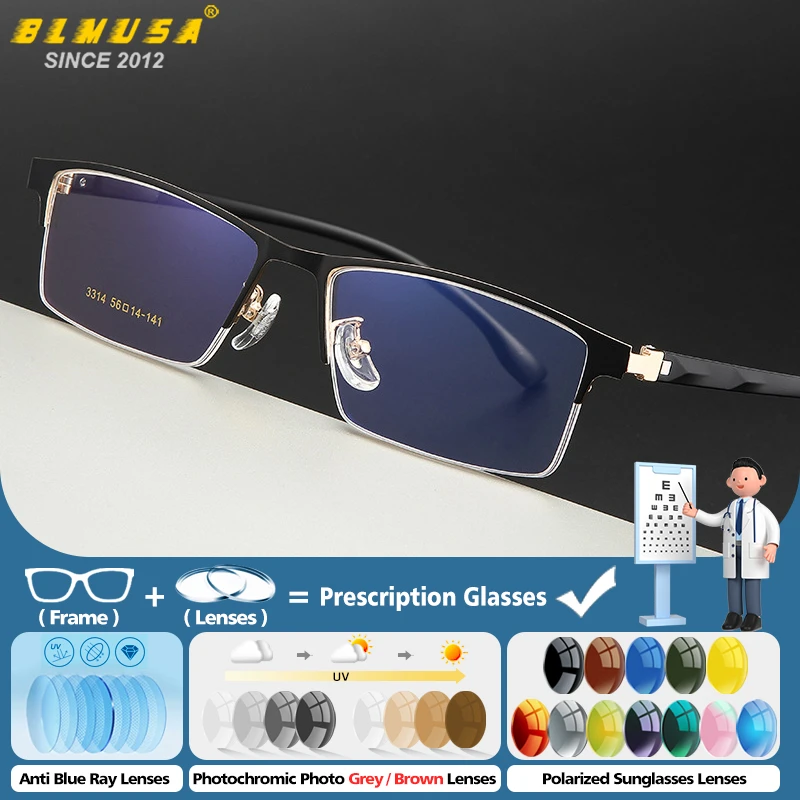 

BLMUSA New Men Business Half-Frame Progressive Prescription Eyeware Simple Anti Blue Light Photochromic UV Protection Eyeglasses