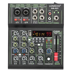 LOMEHO 4 Channels Audio Mixer 48V 99 Digital Effect Portable Sound Table Bluetooth USB PC Record Mixing Console Church AM-AX3