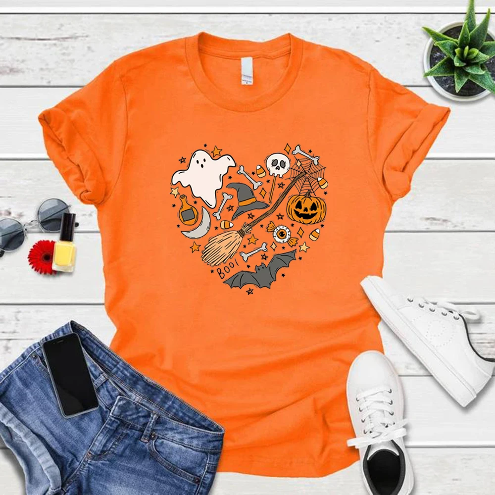 Halloween Doodles Graphic T Shirts Halloween Tshirt Happy Halloween Heart T Shirt Short Sleeve Women Clothing Streetwear Tops