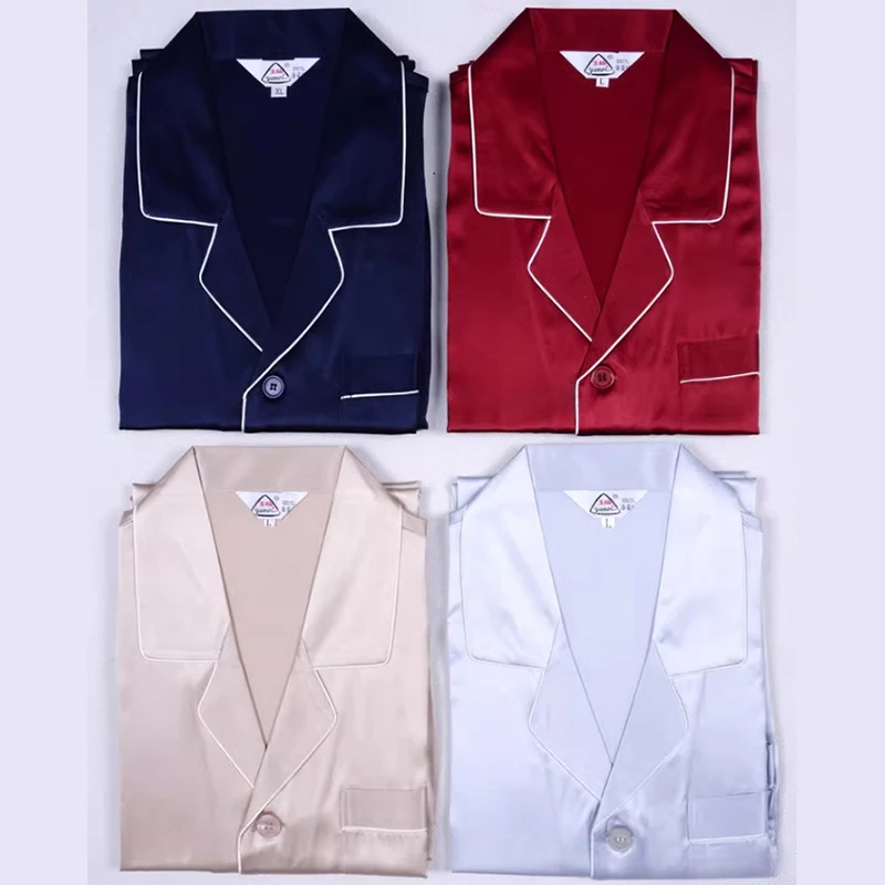 Men Good Quality 100% Pure Silk 16 momme satin silk Pajama Set Sleepwear Nightgown L XL 2XL YM009