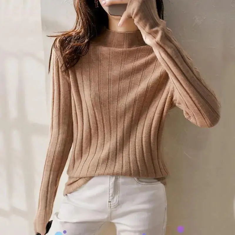 Korean Fashion Autumn New Women Pullovers Sweaters Women Solid Mock Neck Striped Bottoming Female Slim Long Sleeve Knitted Tops