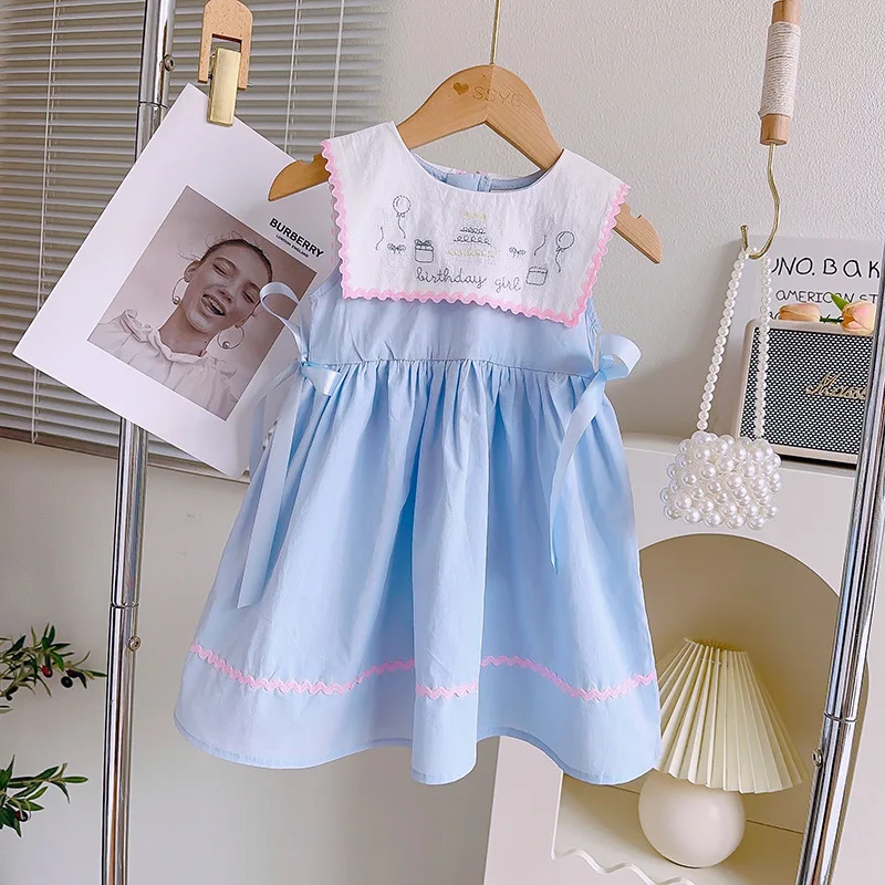 Girls Dress Summer Lapel Vest Kids Dress Fashion Children Bow Flower Princess Dresses Baby Girl Clothing Party Costumes 2-7Yrs