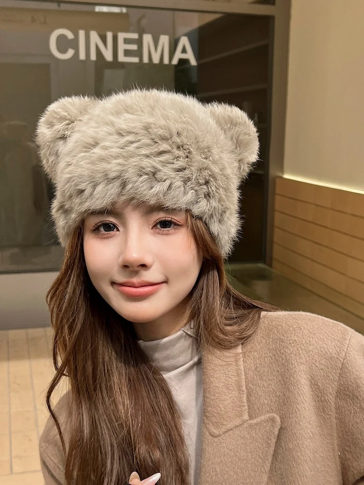 

Women's Autumn Winter Knitted Hat Thickened Real Rabbit Fur Hat Warm Plush Fur Cap Fashion Accessories Hair Extension Caps