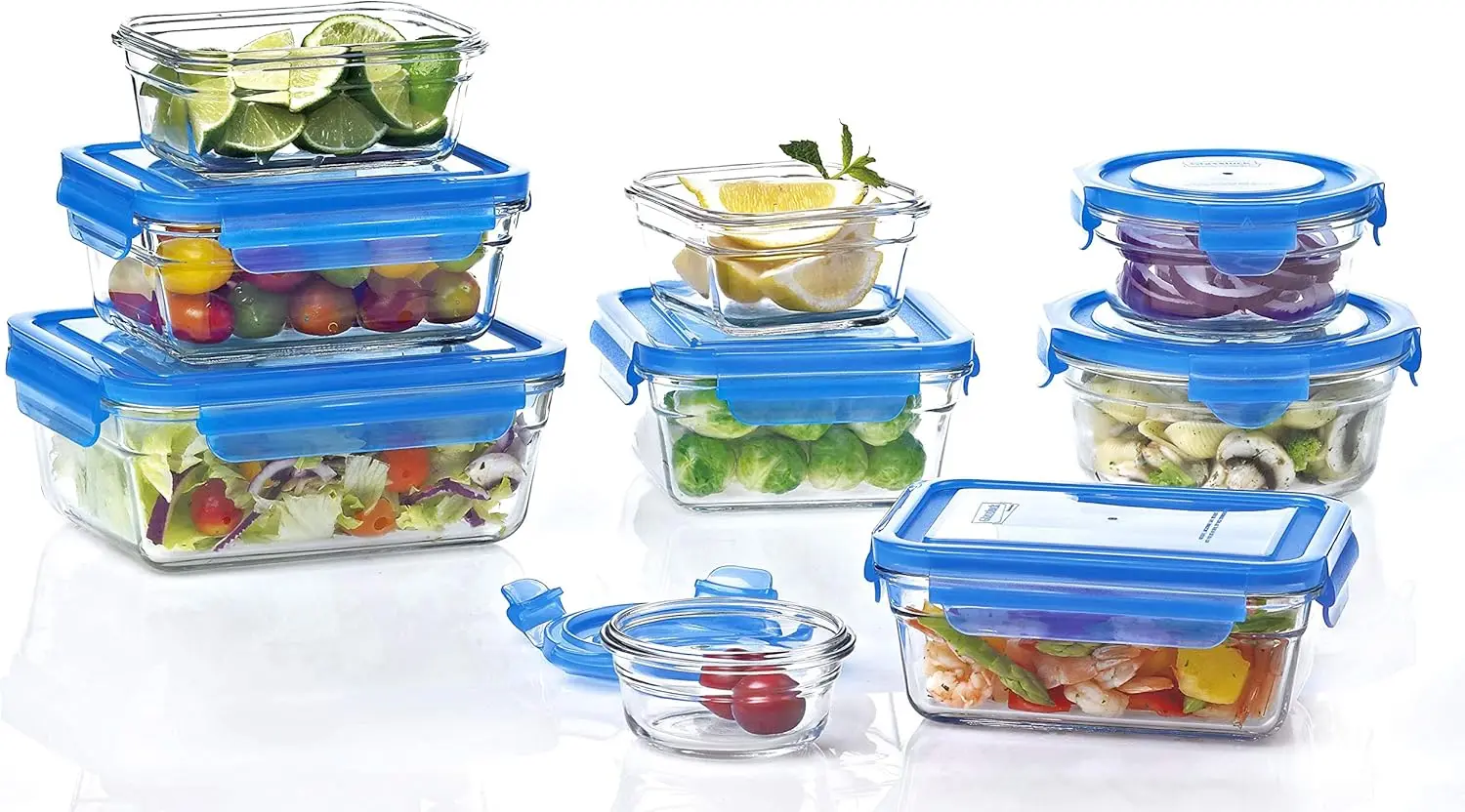 Assortment Food  Glass Containers 18pc set Blue Lids Anti-Spill Proof Airtight ~ Microwave & Oven Safe