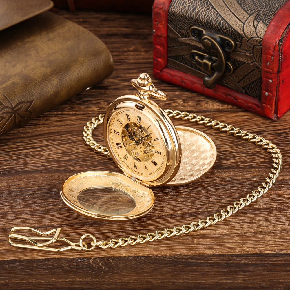 Transparent Glass Double Hunter Golden Mechanical Pocket Watch Men Xmas Gift Vintage Pocket Timepiece Fob Chain Hand Wind Clock