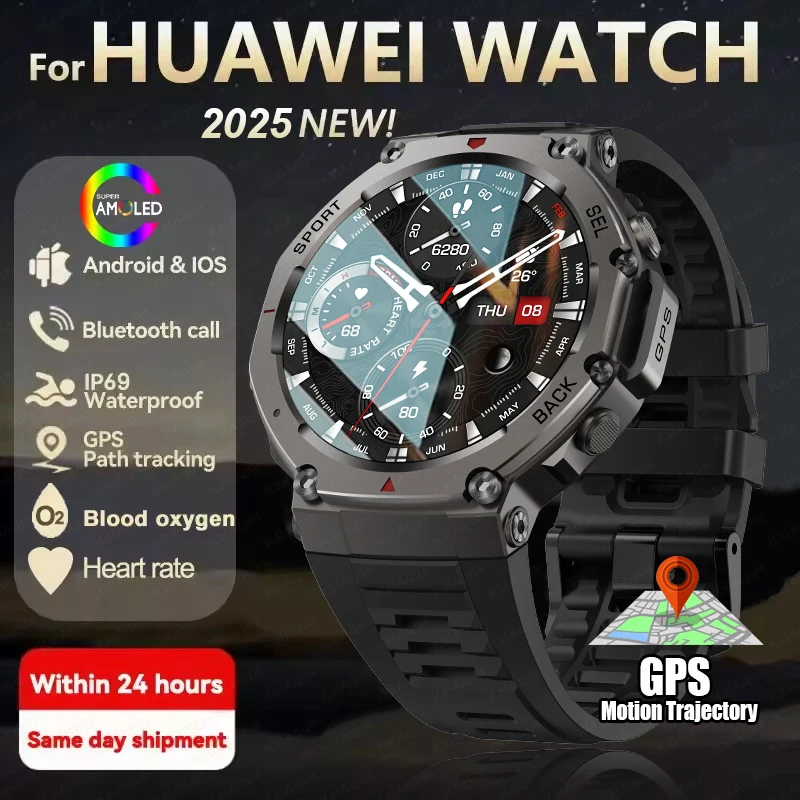 

2025 New For Huawei Xiaomi Men GPS Smart Watch Bluetooth Call 500mAh Battery 10ATM Waterproof Compass GPS Sports Smart Watch