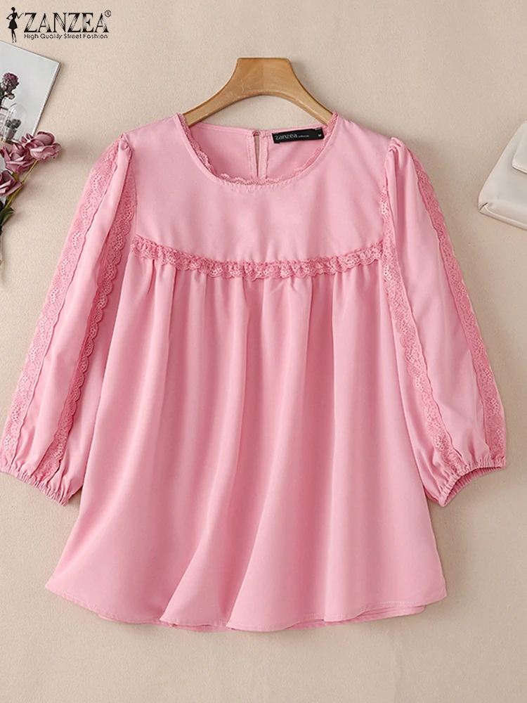 ZANZEA Puff Sleeve O Neck Blouses Lace Panels Women 2024 Fall Loose Casual Smock Tops Solid Elegant Korean Style Blusas Mujer