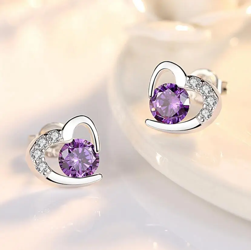 Heart Created Purple Amethyst 925 Sterling Silver Stud Earrings For Women Gemstone Fine Jewelry Brincos de Prata