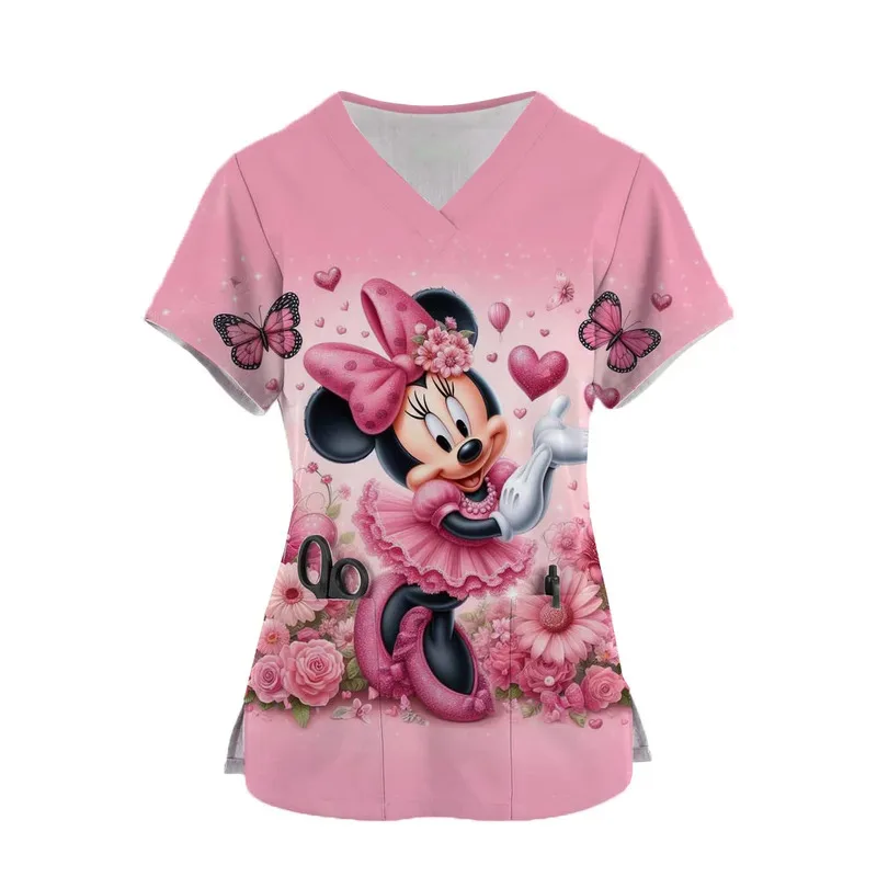 زي ممرضة ديزني لطيف ميني طباعة قصيرة الأكمام الخامس الرقبة ميكي ماوس ملابس العمل جيب الدعك الطبية وزرة الرعاية الزي الرسمي