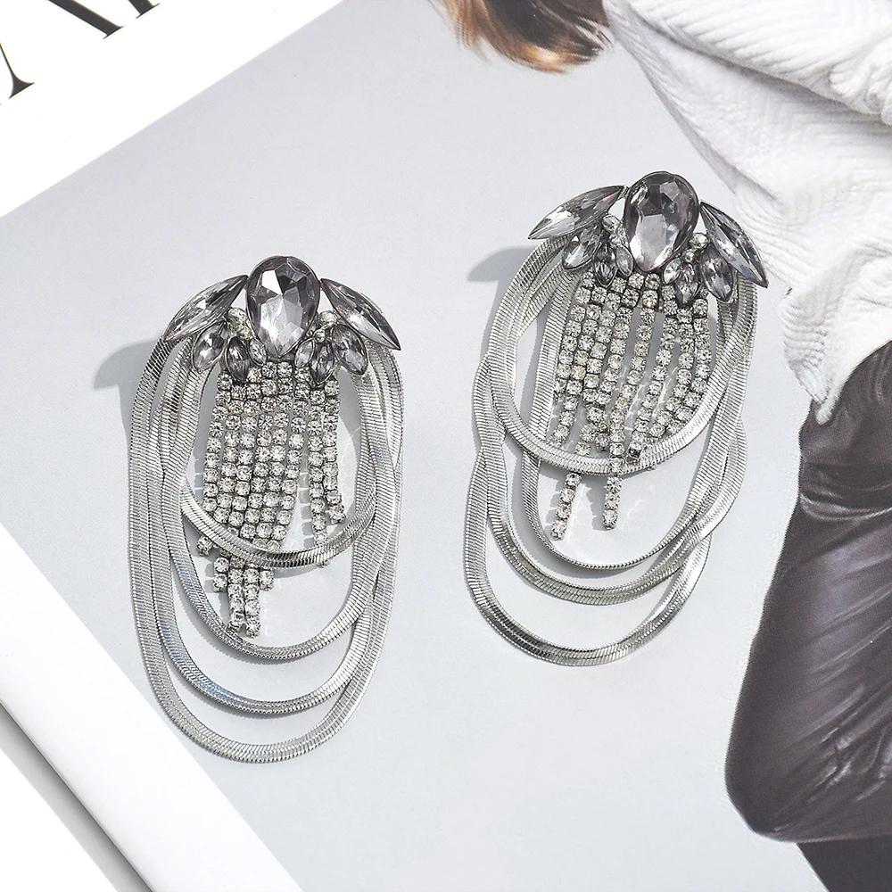 New Design Long Metal Tassels Drop Earrings High-Quality Grey Rhinestone Jewelry Accessories For Women