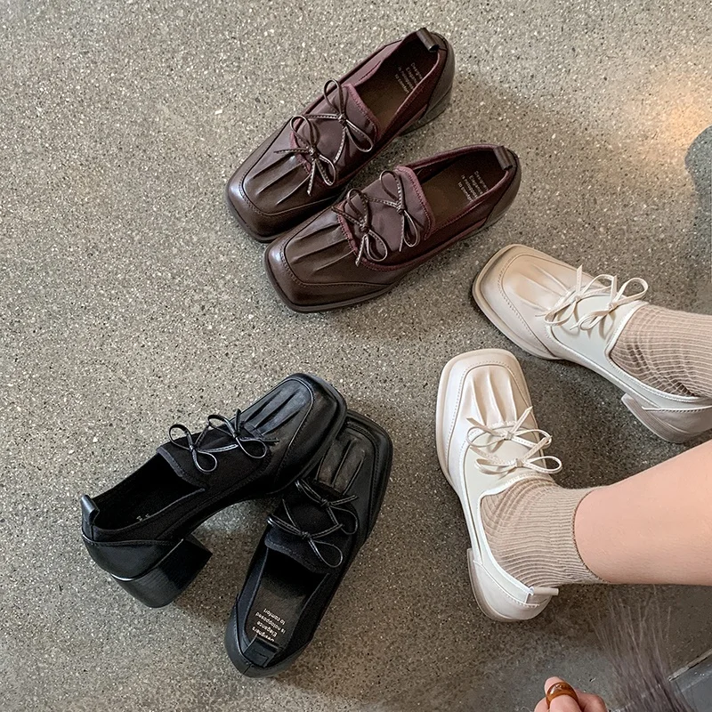 2026new spring autumn women pumps natural leather 22-25 cm split leather+sheepskin+pigskin square toe butterfly-knot women shoes